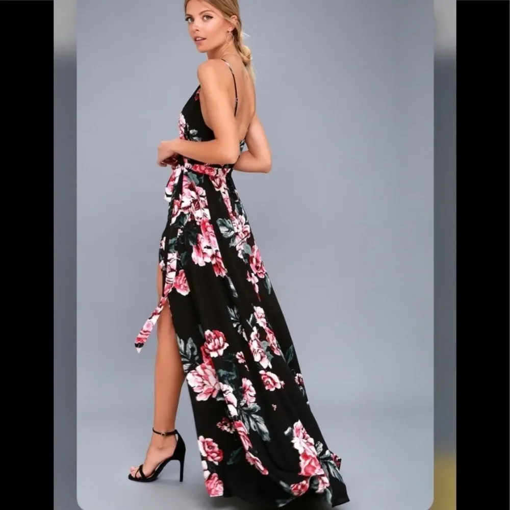 NWT Lulu's Floral Flirtation Black Floral Print Wrap
Maxi Dress Size Small